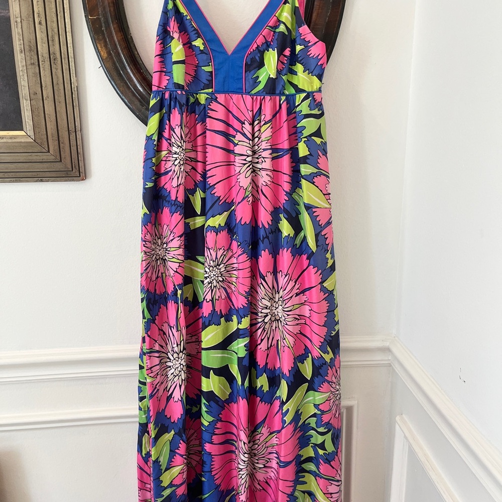 Lilly Pulitzer Pink & Blue Silk Floral Maxi Dress length 50” Bust 32”